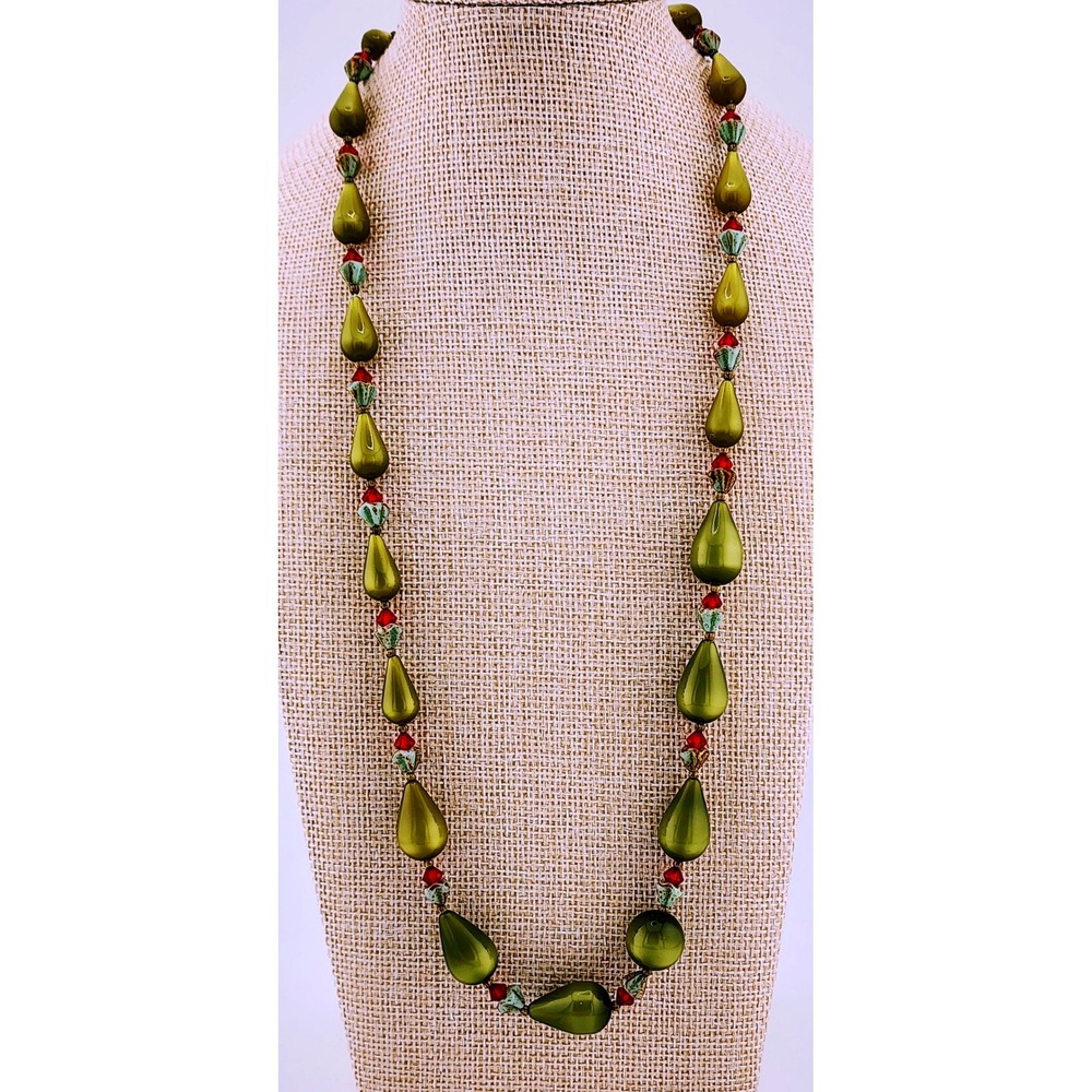 Vintage Olive Green Teardrop Czech Glass Necklace Red Crystal Rose Clasp 24"